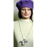 Nc9, Hand Crocheted Denim Chenille and Gimp Beret with Metallic Silver Accent for Women and Teens in Combination with Sterling Silver Long Chain Necklace with Lucky American Eagle Pendant