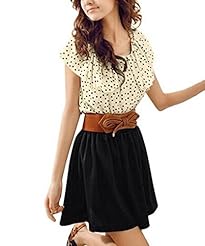 Elasticized   Waistline Dots Print Shirred Belted Chiffon/Polyester  Dress