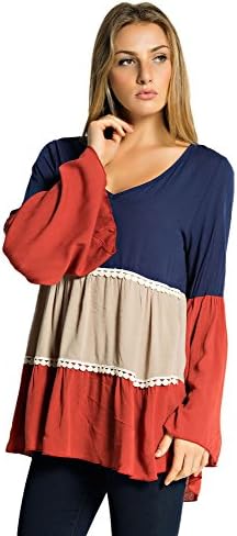 Orange Creek Women's Pom Pom Color Block 3/4 Sleeve Tunic Blouse Navy Medium