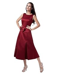 A-line Two-Toned Natural   Waistline Tea Length Lace  Scoop Neck Satin Mother-of-the-Bride Dress  With a Bow(s)