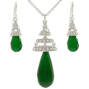 Necklace Earring Set Silver Swarovski Crystals Emerald May Birthstone Swirl Bucasi SALE