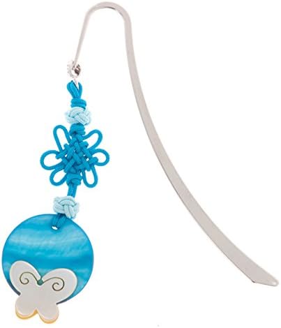 Mother of Pearl Carved Blue Moon White Butterfly Dangle Macrame Knot Tassel Metal Charm Hook Bookmark Page Marker