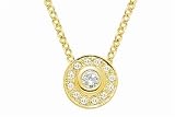 14K Yellow Gold Round-Shaped Solitaire Pendant, Enhanced with Bezel and Pave Set Diamonds, Sliding on a 16 Cable-Chain Necklace. ( 0.20 c.t.t.w., GH-Color; SI-Clarity ).