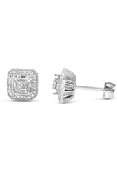 Sterling Silver White Diamond Square shape Stud Earrings