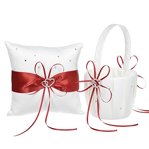 Remedios 2 Heart Rhinestones Ivory Satin Flower Girl Basket And Ring Pillow Set
