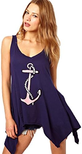 Gold Lion Clothing Women's Sleeveless Anchor Pattern VNeck Long Shirt, Medium, Blue