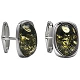 Mens Sterling Silver Green Amber Large Oval Cuff Links