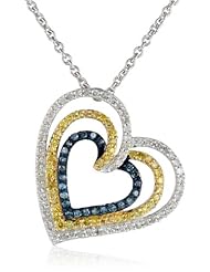Sterling Silver Blue, White and Yellow Triple Heart Diamond Pendant Necklace (1/2 cttw, I-J Color, I2-I3 Clarity), 18"