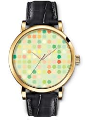 SPRAWL Aanalog Fashion Series Gold Ladies Watches of Genuine Black Leather Strap,Unique Wrist Watch for Women Girls Designed with Colorful polygons