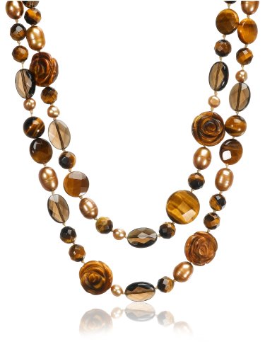Tiger Eye, Citrine and Smoky Quartz Carved Floral Necklace with Sterling Silver Clasp, 18.5