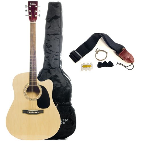 Austin Bazaar 38 Inch Natural Cutaway Guitar with Carrying Bag and Accessories