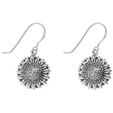 Sterling Silver Oxidized Sunflower Drop Earrings