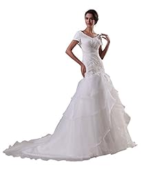 V-neck Organza/Silk Lace-Up  Short Sleeves Evening Dress  with a Chapel Train  With Ruffles