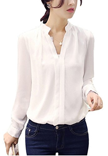 Liliumoon センター タック デザイン Vネック ゆる とろみ シャツ ブラウス トップス プルオーバー / 長袖 半袖 ポケット 付き ３タイプ / シフォン 無地 きれいめ オフィス デイリー 着まわし レディース ファッション / S M L XL XXL サイズ 白 ピンク