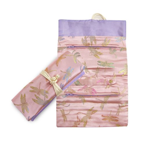 Brocade Jewelry Roll - Light Pink Dragonfly