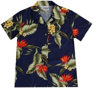 Wave Shoppe Women's Hawaiian Shirt with Bird of Paradise Flowers-Blue-5X