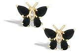 14K Yellow Gold Genuine Pear Black Onyx and Diamond Butterfly Earrings