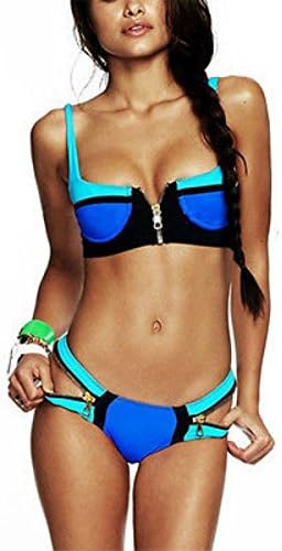 2014 New Arrival Sexy Womens Shoulder Strap Bandage Bikini Set Zipper Swimsuit Strappy Swimwear Bathing Suit Blue Beachwear