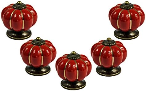 5pcs Ceramic Handle Pull Knobs Cabinet Pumpkin Door Cupboard Drawer Locker (Red)