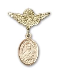 14K Gold Baby Badge with St. Gemma Galgani Charm and Angel with Wings Badge Pin