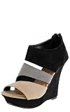 Saru11 Suede Colorblock Panel Wedge Heels BLACK