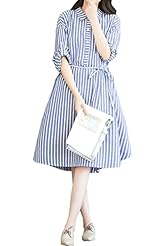 Striped Print Elbow Length Sleeves Cotton/Linen  Shirt Midi Dress 