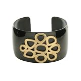 Ladies Gold Overlay Stainless Steel Black Plated Cuff Bracelet Flower Design, 7.75