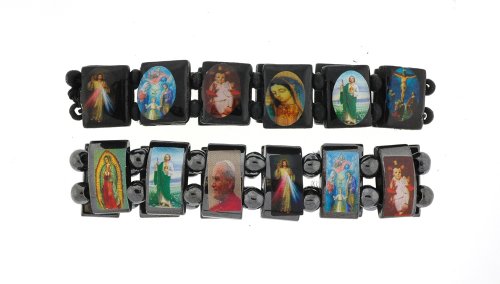 Hematite-Wood Stretch Bracelets with Religious Icons – Set of two