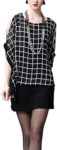 YIZHIYU Women Two-Piece Grid Chiffon Batwing Sleeve Summer Casual Dress