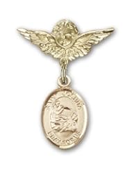 Gold Filled Baby Badge with St. Joshua Charm and Angel with Wings Badge Pin