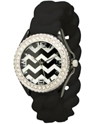 Womens Geneva Rhinestone-accented Braided Silicone Stretch Watch Chevron Design - Black