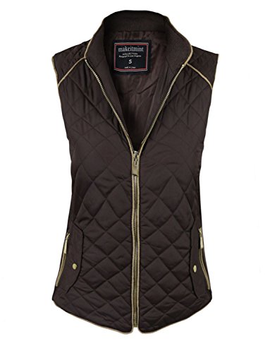 makeitmint Women's Basic Solid Quilted Padding Jacket Vest w/ Pockets Large YJV0002_Brown