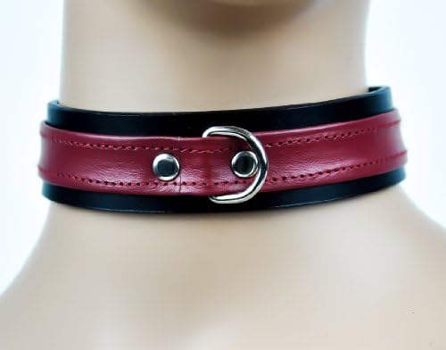 D Ring with Red Strap Choker Fetish Bondage Leather Collar 1" Wide