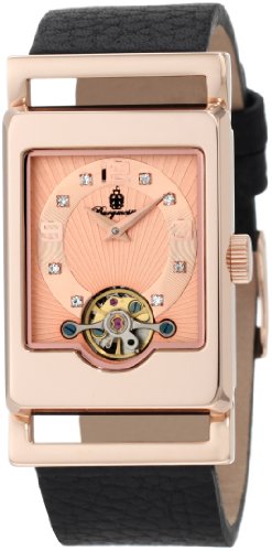 Burgmeister Delft BM510-362 Damen Automatik Uhr IP Ros&eacute;gold Zifferblatt ros&eacute;gold offene Unruh Swarovski-Kristalle Leder schwarz