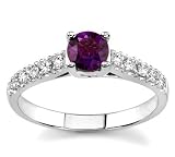 18k White Gold or Yellow Gold Round Amethyst and Diamond Ring (H/SI2, 1/5 ct. tw.)