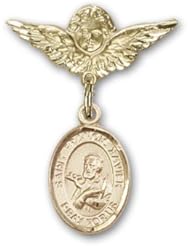 14K Gold Baby Badge with St. Francis Xavier Charm and Angel with Wings Badge Pin