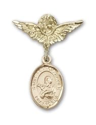 Gold Filled Baby Badge with St. Francis Xavier Charm and Angel with Wings Badge Pin
