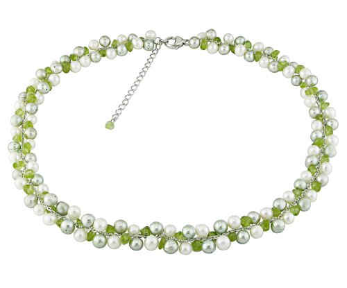 Sterling Silver, Freshwater Cultured Pearl and Peridot Necklace, 15-18
