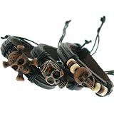 Genuine Dark Leather Skull Bracelet with Sliding Knot - Sold as a Set of 3