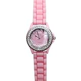 Girls Light Pink Rubber Rhinestoned Round Face Watch