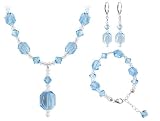 Sterling Silver Multifaceted Aquamarine Crystal Earrings Bracelet with 17 to 19 inch Length Adjustable Necklace Jewelry Set Made with Swarovski Elements