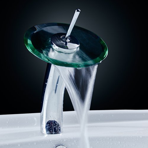 Single Handle Waterfall Lavatory Vessel Sink Faucet with Bright Glass Tray, Chrome
