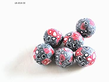 6 Black and Red Dot Polymer Clay Beads Handmade 15mm