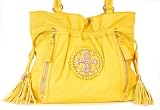 Yellow Leather Handbag - Rhinestone Fleur De Lis Hobo with Tassels