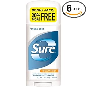 Sure Original Solid  Anti Perspirant and Deodorant, Regular Scent, 3.3-Ounces (Pack of 6)