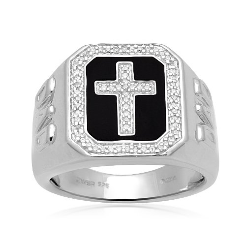 Mens Sterling Silver Enamel Cross Tag Diamond Ring (1/6 cttw, I-J Color, I3 Clarity), Size 9