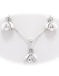 Sterling Silver Teardrop Pear CZ Pendant Earrings Flat Cable Chain 18 inch