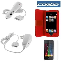 Premium Red Folio Wallet Leather Case + Premium Clear Durable Reusable LCD Screen Protector + Rapid Car Charger + Home Travel Charger for Apple Ipod Touch Itouch 8Gb 16GB 32Gb 2G 3G 2nd 3rd Generation