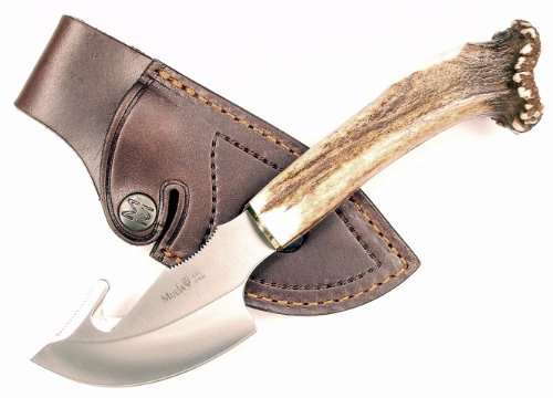 RUKO 3-1/8-Inch Blade Gut Hook Skinning Knife with Genuine Deer Horn Crown Handle and Leather Sheath