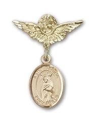 14K Gold Baby Badge with St. Regina Charm and Angel with Wings Badge Pin